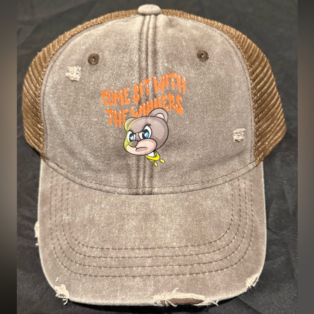 Brown Distressed Cap with Bear and orange Graphic logo